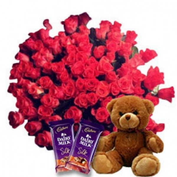 40 Red Roses with Teddy Bear (6 inches) and 2 Cadbury's DairyMilk